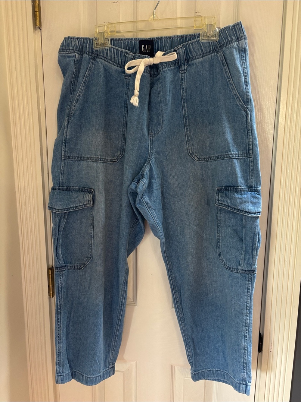 GAP Men's Light Blue Denim Cargo Joggers with Drawstring